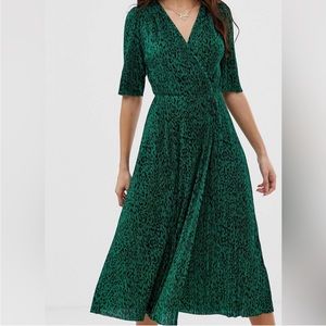 ASOS forest green leopard print pleated/crinkle midi dress